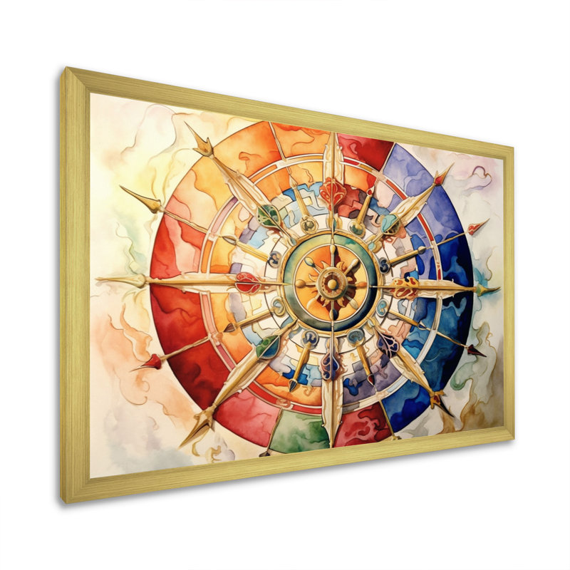 La roue religieuse du dharma sur toile, Encadrement doré, H 16 po x l 32 po x P 1 po