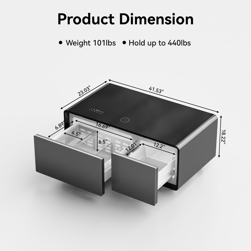 Smart Coffee Table with Refrigerator and Freezer Drawers Wireless Charging and Built In Speakers, Black