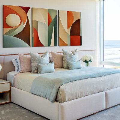 Ensemble exclusif de 3 toiles grand format représentant un coucher de soleil sur une plage, avec un décor de paysage côtier. Décoration murale moderne pour salon, chambre, bureau et maison.