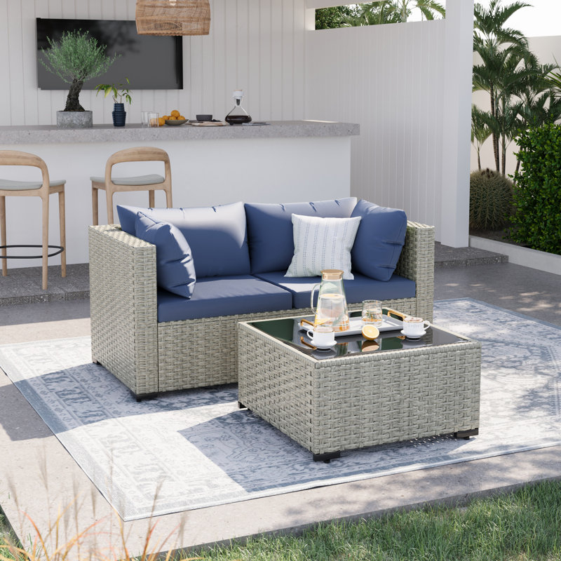 Ensemble de canapé modulaire en osier 3 pièces avec coussins et table basse, Marine