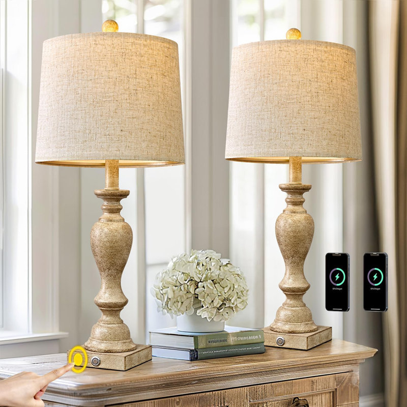 Ensemble de 2 lampes de table de 25,75 po pour le salon, la chambre à coucher, la lampe de chevet à commande tactile à 3 réglages d'intensité, la table de chevet moderne et l'abat-jour en tissu de style rétro
