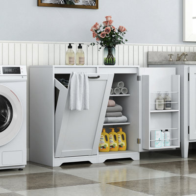 Armoire à linge avec portes et tablette, panier à linge inclinable, style autoportant, tablette réglable, blanc
