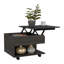 Table basse carrée à plateau relevable avec rangement dissimulé et roulettes verrouillables, finition brune