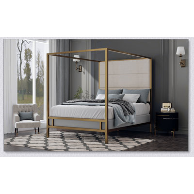 Modern Gold Canopy Bed With 76.5" Tall Linen Fabric Upholstered Headboard Metal 4-Poster Bed Frame, Box Spring Needed