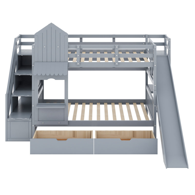 Lit superposé à thème château avec 2 tiroirs, 3 tablettes et glissade, parfait pour les chambres ludiques, Twin-Over-Twin