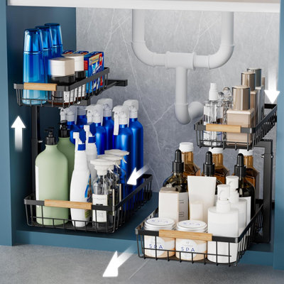 2 Pack Under Sink Organizers With Adjustable Height, Pull-Out Design, And L-Shaped Storage For Bathroom And Kitchen Cabinets
