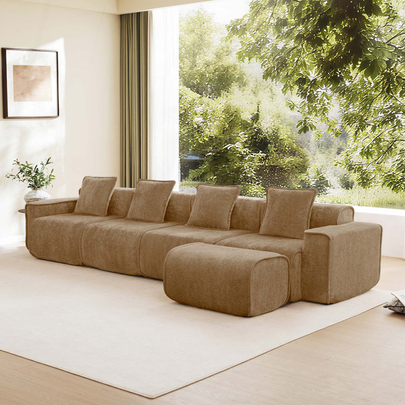 Canapé modulaire en forme de L à 4 places avec passepoil à bordure française, canapé 4 places avec coussins décoratifs et 1 repose-pieds mobile