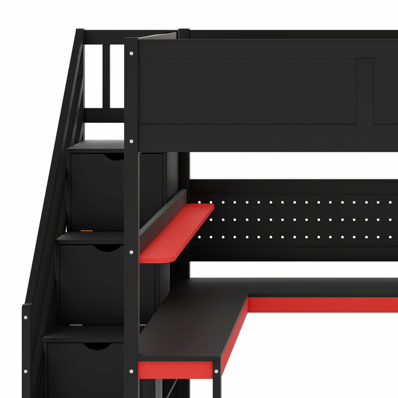 Lit mezzanine innovant avec bureau, tablettes, panneau perforé et escalier de rangement, Lit double, Noir / Rouge