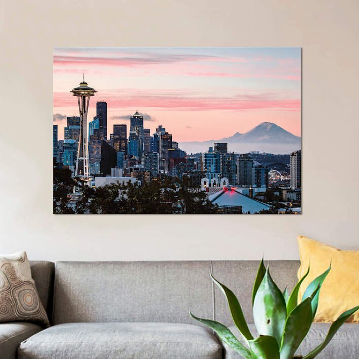 Framed Canvas Art (White Floating Frame) - The Space Needle and Skyline at Dawn, Seattle, USA II by Matteo Colombo ( places > North America > United