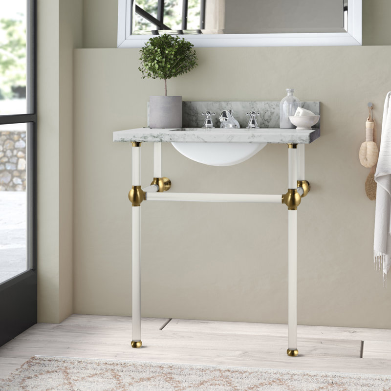 Kingston Brass Templeton 30-Inch Carrara Marble Vanity Top with Clear Acrylic Legs (8-Inch, 3-Hole), Satin Brass