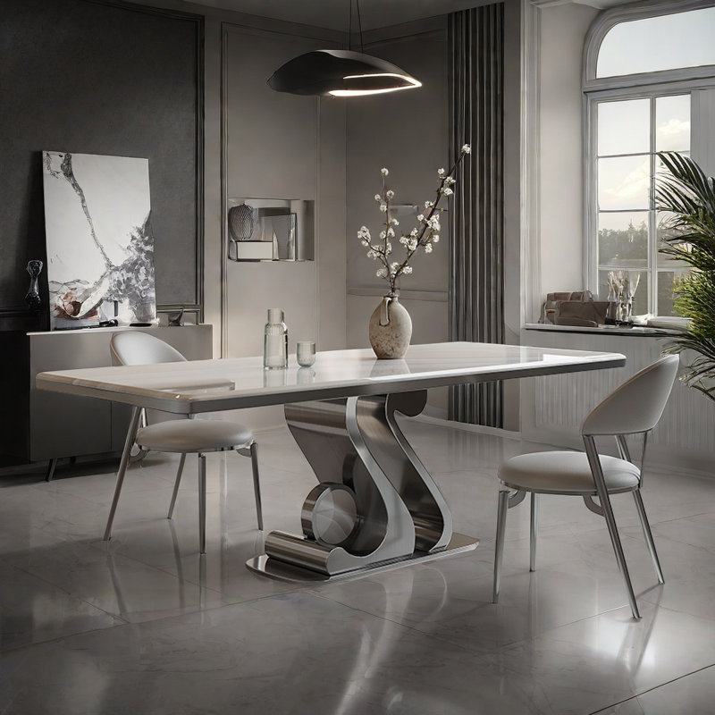 Elegant Microcrystalline Stone Dining Table Set, 29.5"H x 70.9"L x 35.4"W
