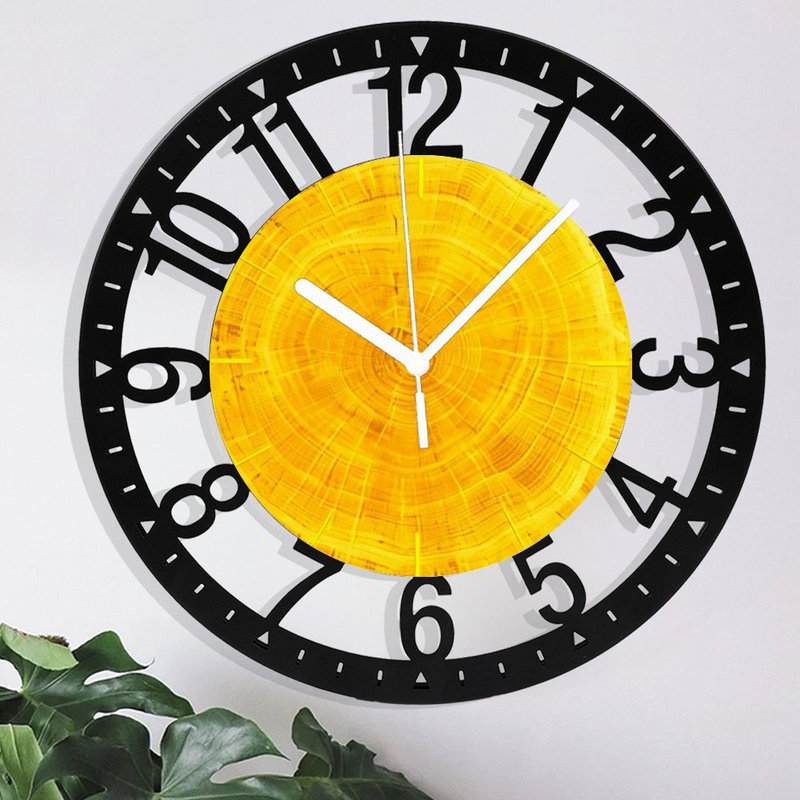Horloge murale ronde en fer 10 po avec mouvement à quartz silencieux, chiffres arabes, impression UV, Ton jaune