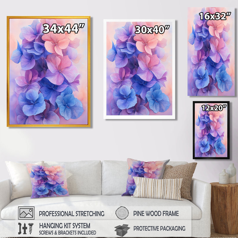 Lavande fluide Hydrangea Flow II - hydrangées, art mural pour le salon, Brun, H 32 po x l 24 po
