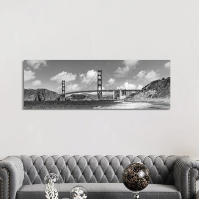 Golden Gate Bridge Baker Beach Panoramic View | Monochrome 1 Piece Panoramic Wall Art on Canvas