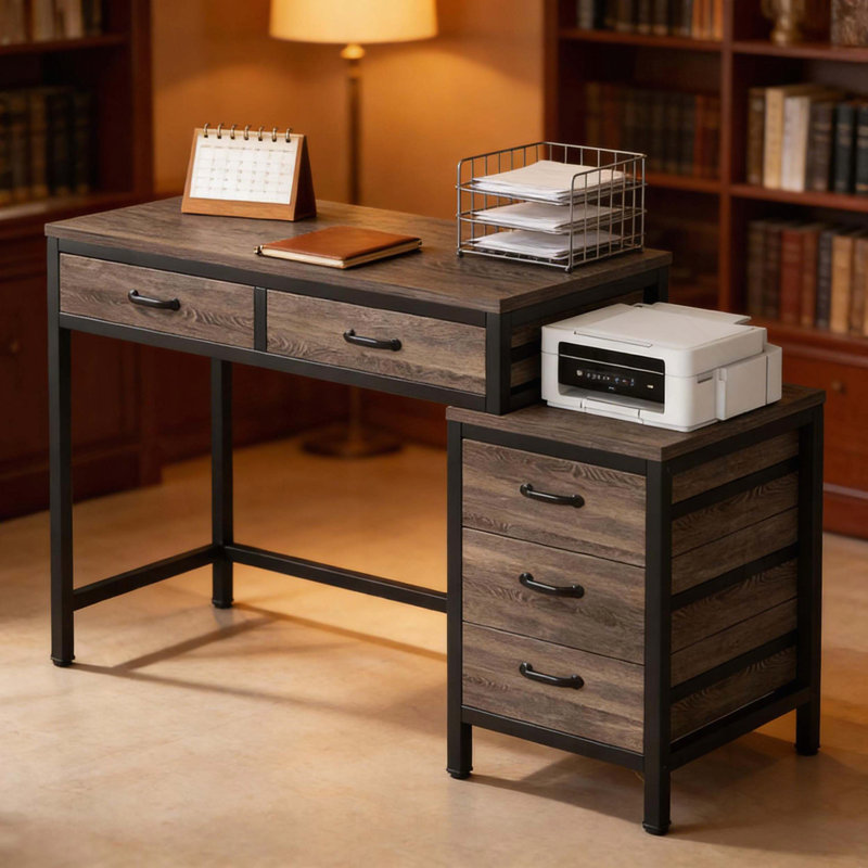 Office Desk With Drawer Cabinet Industrial-Chic Vintage Style, Gray