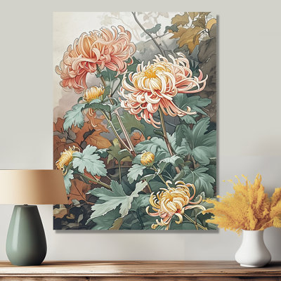 Blooming Pink Chrysanthemums Retro Illustration - Chrysanthemums, art mural