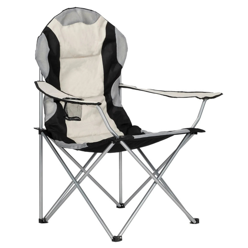 Oversized Folding Camping Chair, Heavy-Duty Portable Outdoor Chair with Cup Holder & Mesh Side Pockets, High Back Padded Seat for Camping, Fishing, Patio, Black & Gray