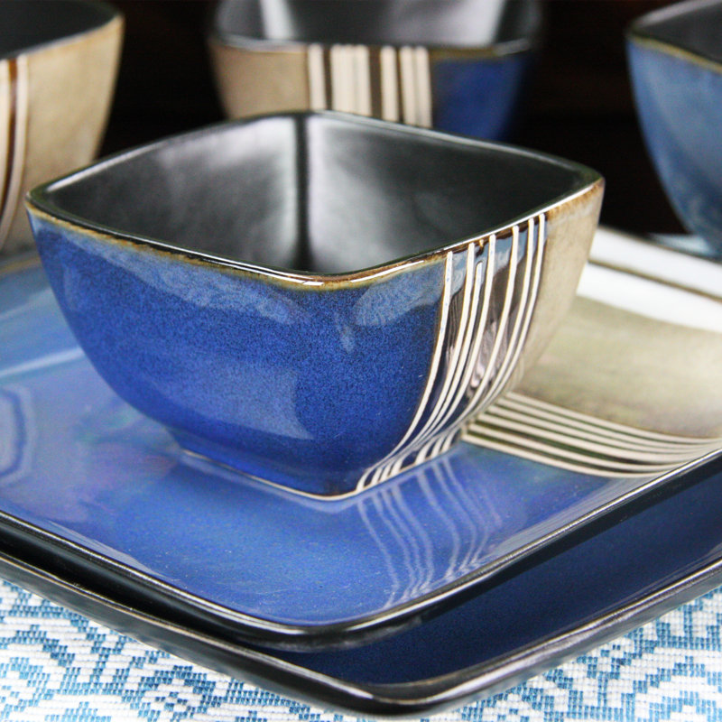 Blue and Tan Ceramic 16-Piece Dinnerware Set for 4