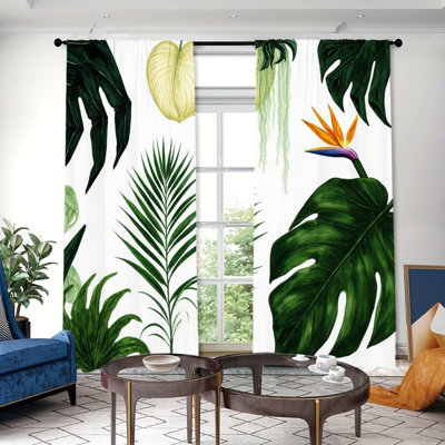 2PCS Tropical Botanical Leaf Print Light Filtering Curtain with Bird of Paradise Flower, Vibrant Greenery Theme Decor, Easy Hang Rod Pocket Design, All-Season Curtains for Home Living Room Bedroom Dormitory Decoration