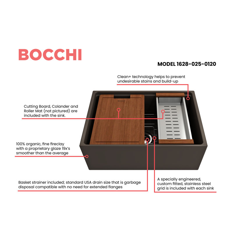 Évier de cuisine à tablier frontal avec accessoires Contempo L 27 po x l 19 po Contempo, Brun mat