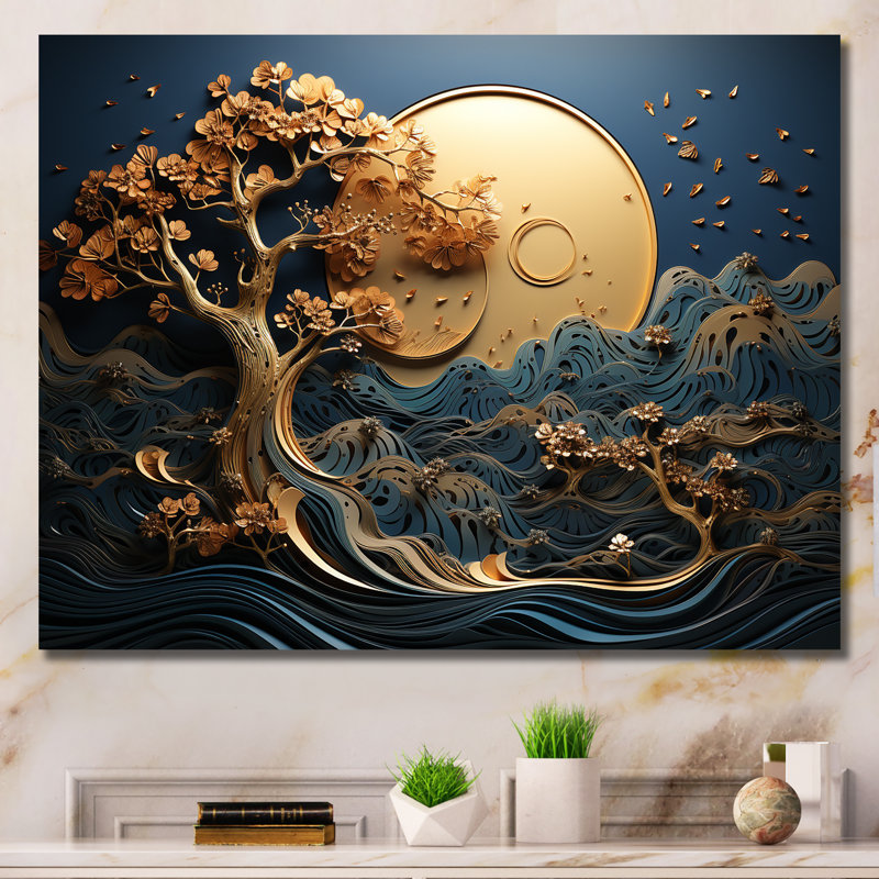 Décoration murale or et bleu Coastal Ambiance III - Arbre, Toile tendue, H 34 po x l 44 po x P 1,5 po