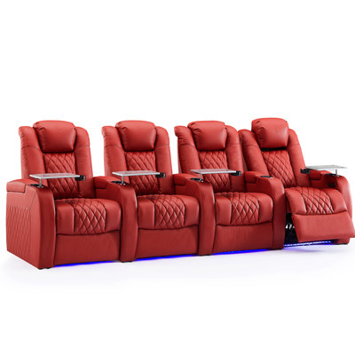 122" Wide Genuine Leather Home Theater Seating with Cup Holder by Orren Ellis