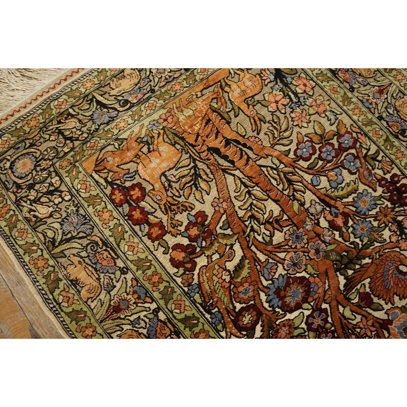 1950s Beige Floral Animal Vintage Silk Turkish Hereke Rug Handknotted Wool Carpet 2'0" x 3'0" Area Rug