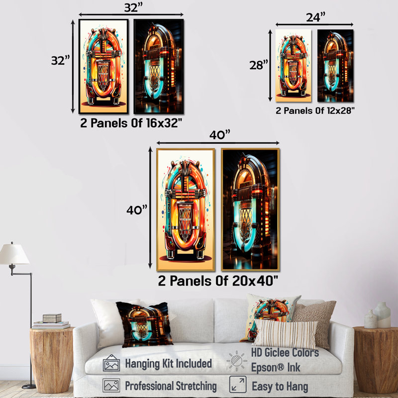 Cubist Jukebox Harmony II - Jukeboxes, ensemble de 2 reproductions d'art mural, Cadre flottant doré, H 28 po x l 25 po