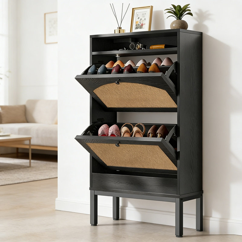 Flip-Door Shoe Cabinet With Charging Station, Black