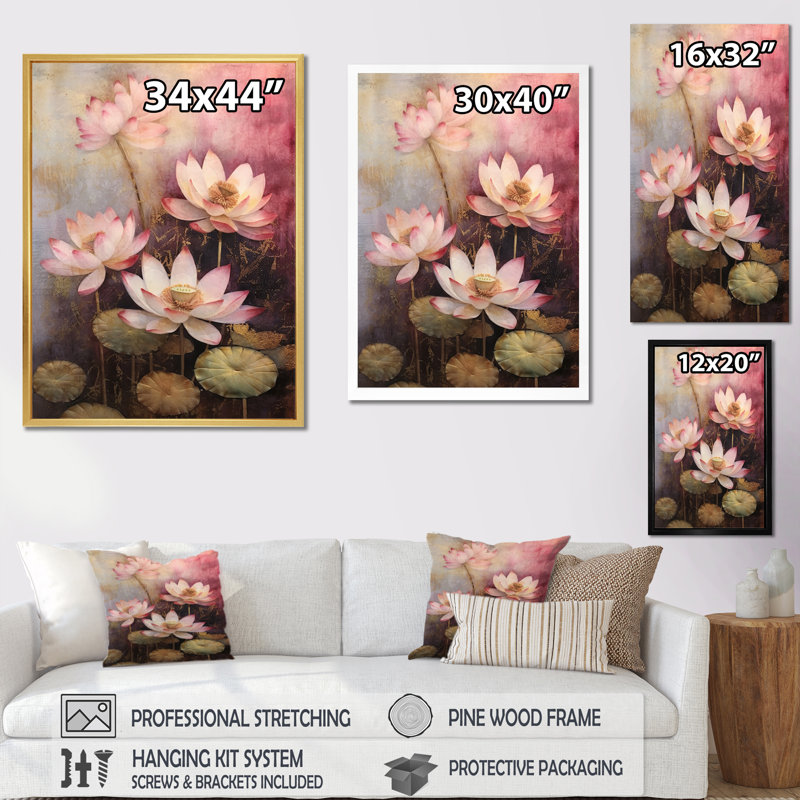Symphonie de lotus rose rétro II, Toile noire, H 44 po x l 34 po x P 1,5 po