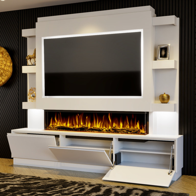 Evolution Fires Pre-Built Media Wall Package 22, finished in textured Venetian Plaster, includes Spectrum Series 60 Series 3-Sided Electric Fireplace