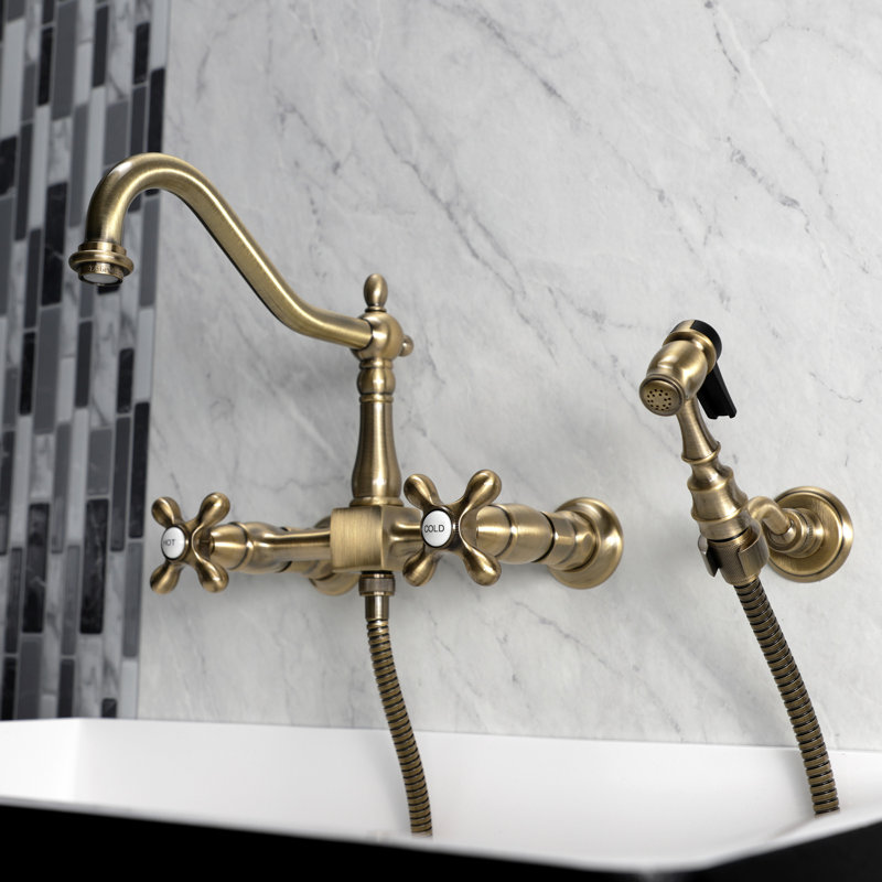 Kingston Brass Heritage Double-Handle 3-Hole Wall-Mount Bridge Kitchen Faucet with Brass Sprayer