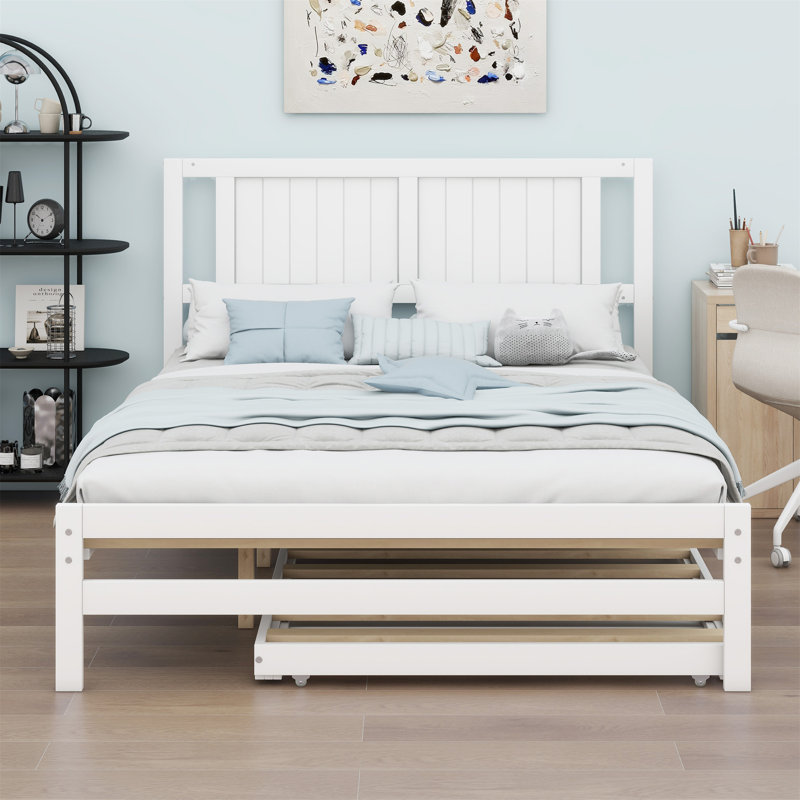 Platform Bed With Adjustable Trundle, White