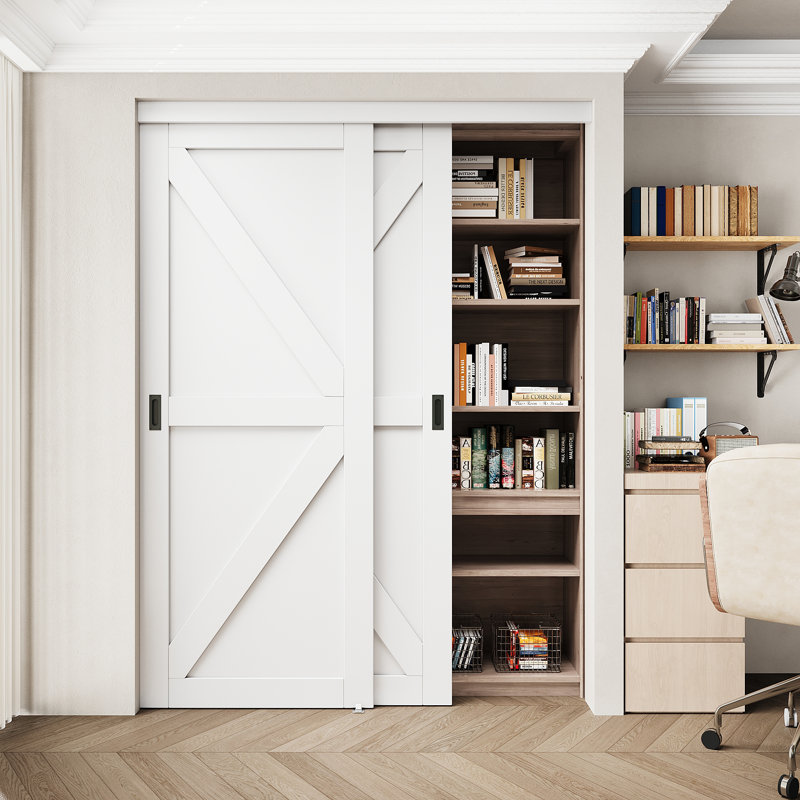 Sliding Door–K Type Panel Design White MDF With Handles & Smooth Sliding Hardware, 60"×80"