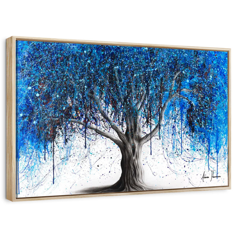 Arbre bleu au clair de lune, 25 po x 17 po, Cadre flottant en bois naturel
