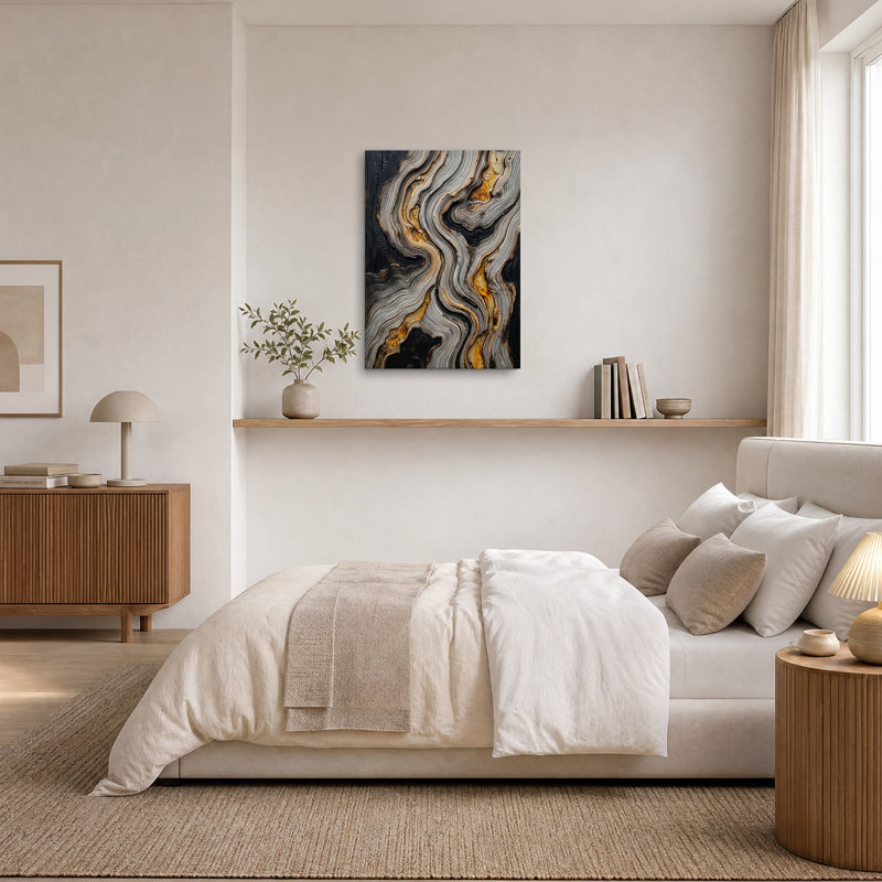 Tableau sur toile à grain de bois ondulé anthracite et résine ambrée, H 36 po x l 24 po