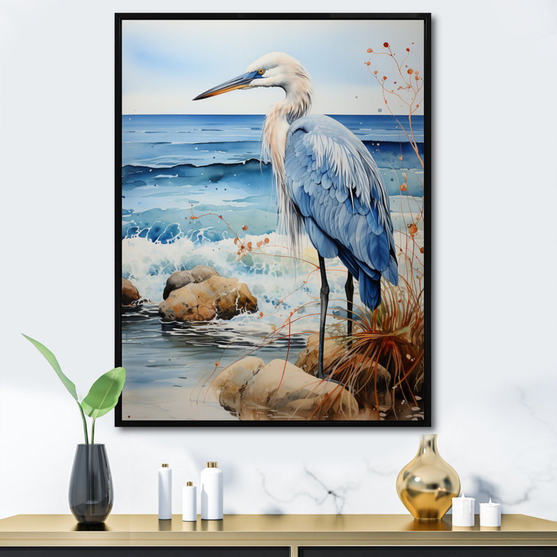 Volin Heron Morning Stroll Pointillism I - reproduction sur toile, Cadre flottant noir, H 32 po x l 24 po x P 1 po