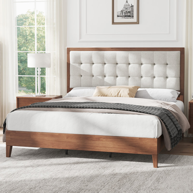 Behka King Solid Wood Platform Bed with Upholstered Tufted Headboard, Walnut, King, Walnut