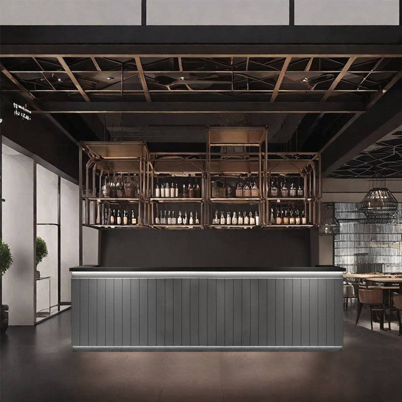 Rustic Style Bar Front Desk with Storage and Bar Counter, Gray