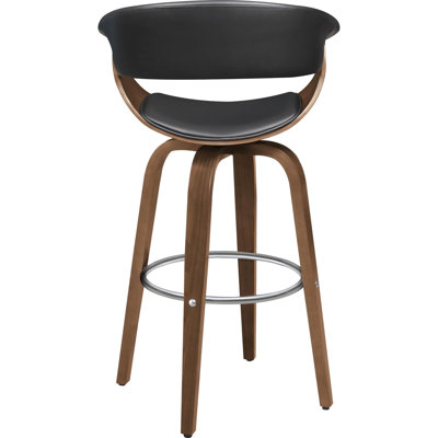 Chaise de bar pivotante en noyer avec revêtement noir. Rotation à 360 degrés. Style Mid-Century moderne. 24,33 pouces de profondeur et de confort. Soutien du dos. Similicuir profondeur du siège 15