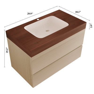 Meuble-lavabo flottant moderne 29,9 po avec comptoir en faux marbre et lavabo encastré en céramique, fixation murale pour petites salles de bain et appartements