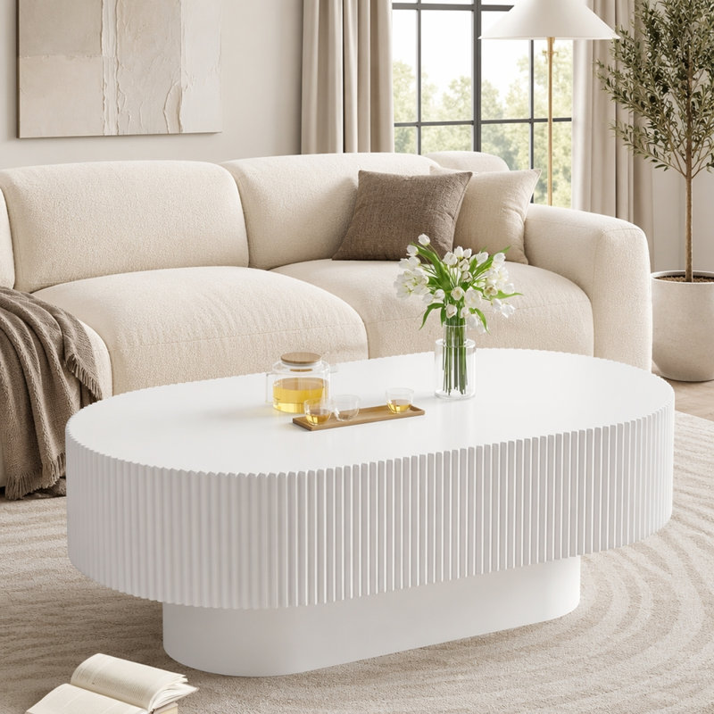 Table basse ovale de style campagnard 48,4 "avec plateau de table épais de 10,7" de style crème moderne, Blanc