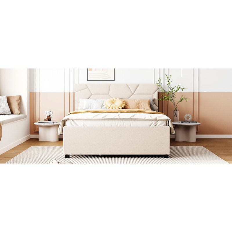 Élégant lit tapissier avec tête de lit en brique beige, lit gigogne simple et 2 tiroirs, structure robuste et en panneau de particules, tête de lit à plateforme en brique sans plateforme
