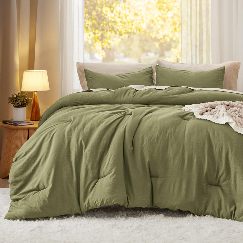 Ensemble d'édredon réversible, Grand édredon + 2 taies d'oreiller standard, Vert olive