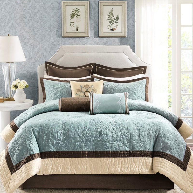 Grand édredon en bleu, charmeuse avec 2 taies décoratives européennes et bleu pour grand lit, pièces décoratives standard