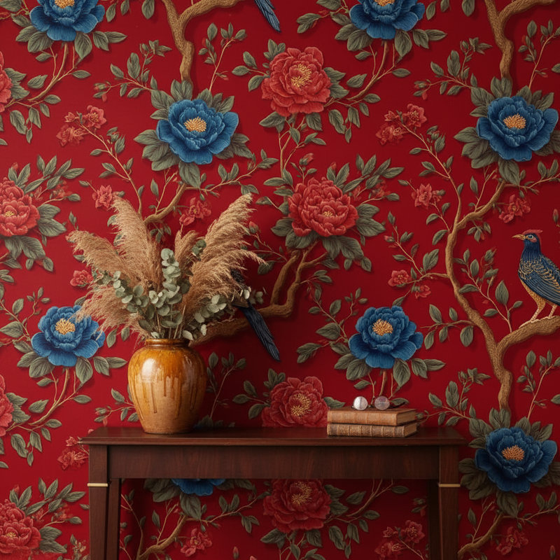 Floral Wallpaper Bird Red Decorative Mural