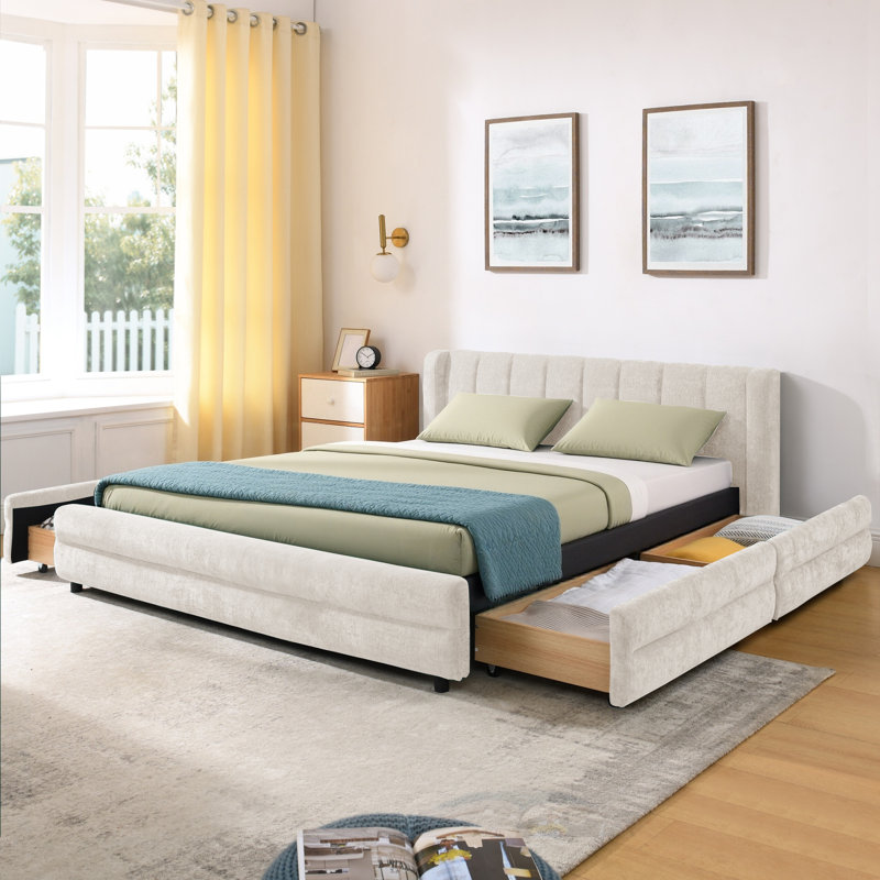 Grand lit tapissier moderne avec tiroir de rangement, structure en chenille