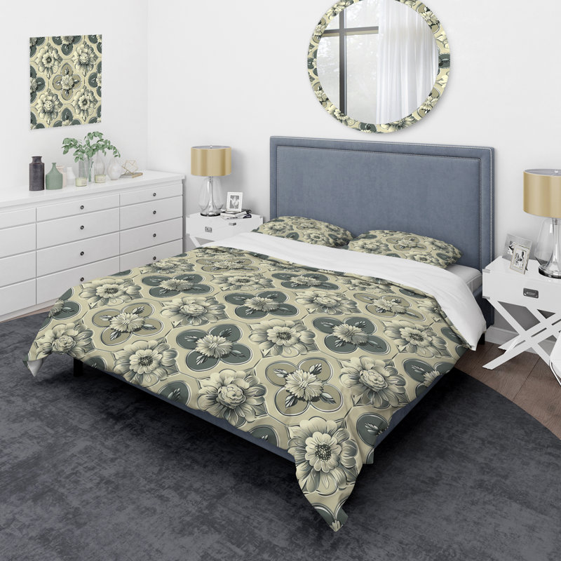 Ensemble de housse de couette moderne à motif floral gris et beige, Housse de couette très grand et 2 très grandes t