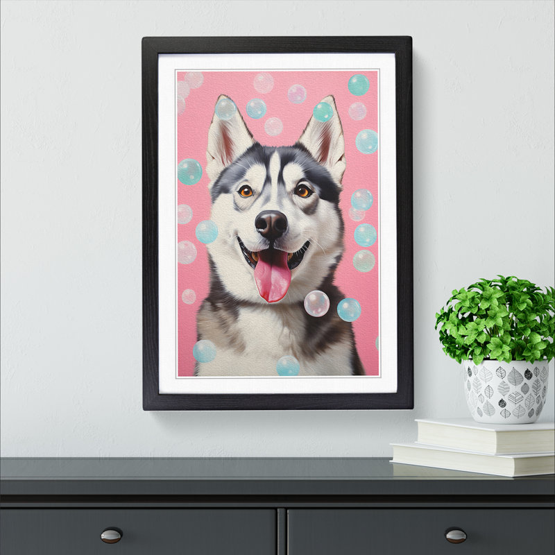 Husky Bubble Gum - Single Picture Frame Print on Wood, 46cm H x 34cm W x 2cm D, Black
