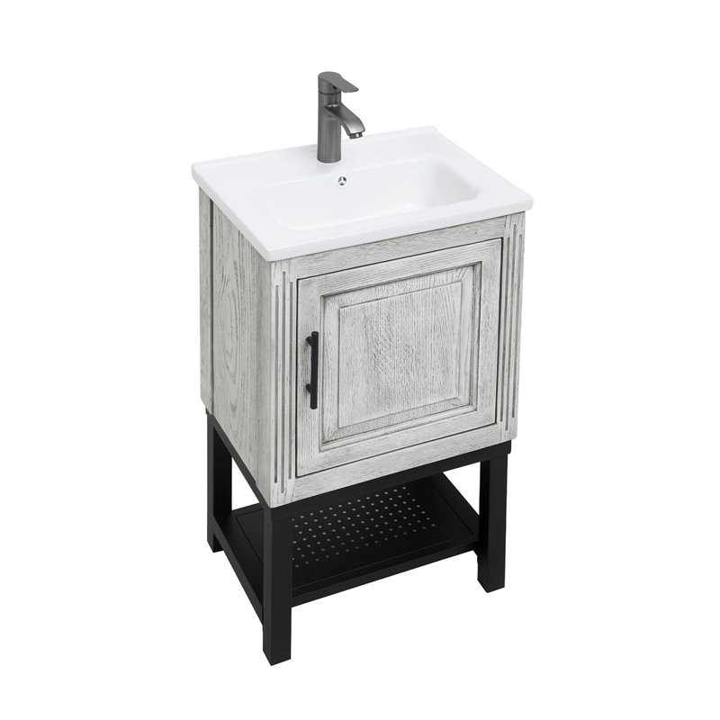 Petit meuble-lavabo de 20 po avec lavabo et robinet d'eau chaude et froide, armoire de salle de bain autoportante avec lavabo en céramique, rangement pour salle de bain avec 1 porte et tablette ouverte en fer